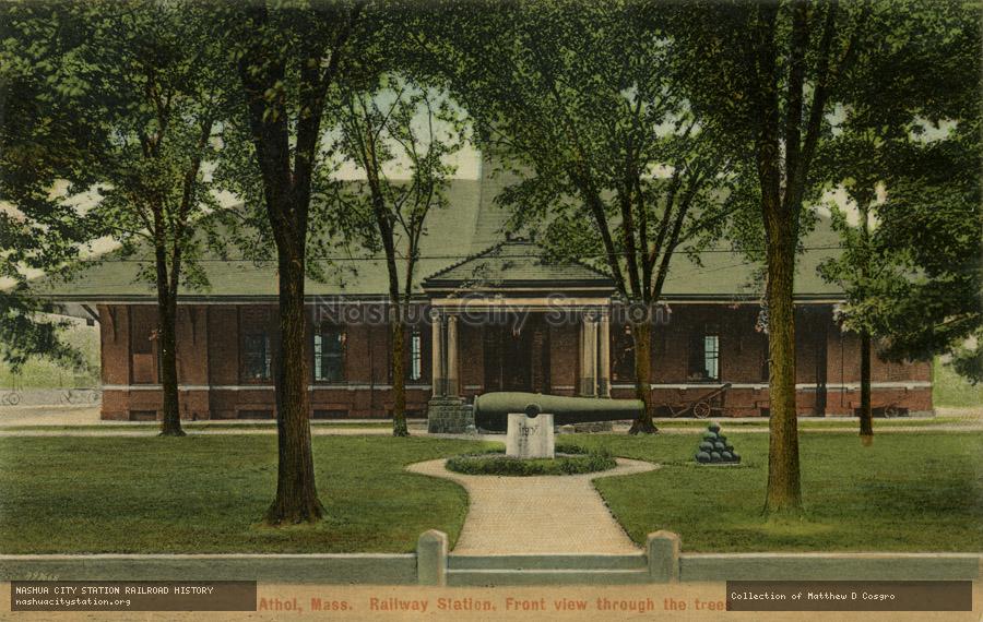 Postcard: Athol, Massachusetts, Railway Station, Front view through the trees